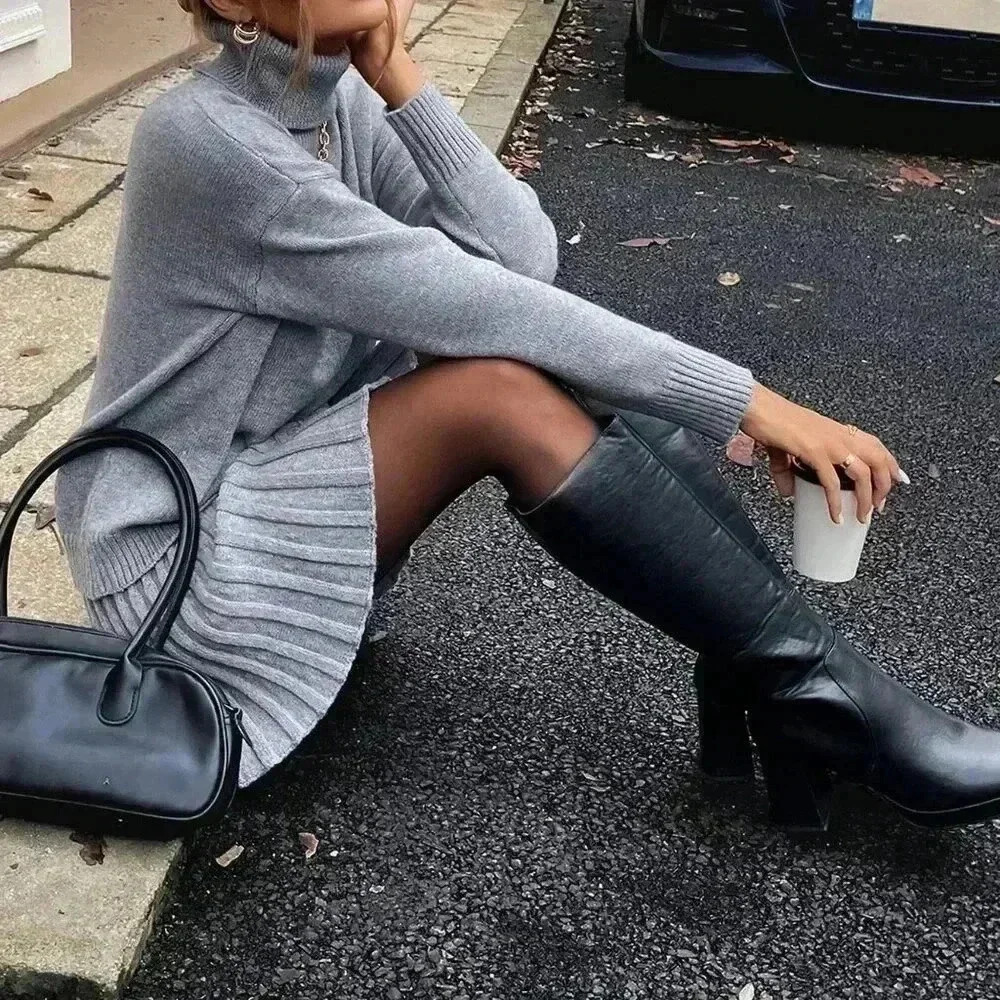 Grey Casual Women's High Neck Pullover Sweaters